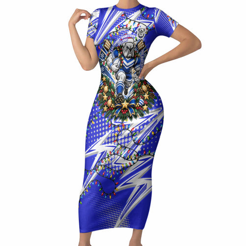 Personalized Canterbury Bankstown Bulldogs Rugby Christmas Short Sleeve Bodycon Dress Holiday Mascot Graphic Art Festive Lights Bow