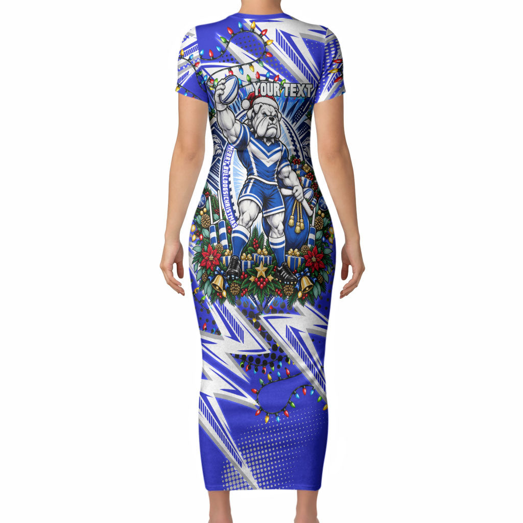 Personalized Canterbury Bankstown Bulldogs Rugby Christmas Short Sleeve Bodycon Dress Holiday Mascot Graphic Art Festive Lights Bow