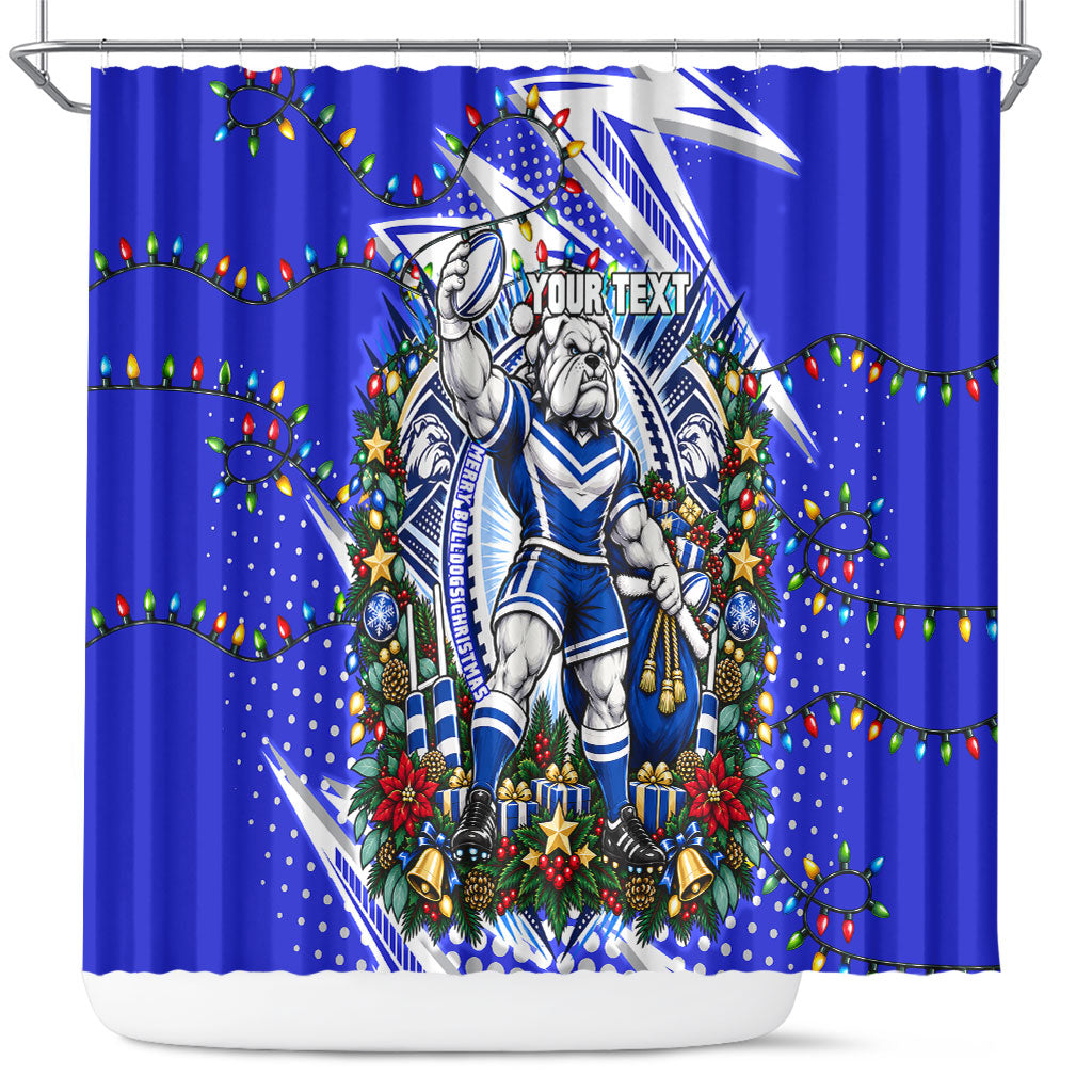 Personalized Canterbury Bankstown Bulldogs Rugby Christmas Shower Curtain Holiday Mascot Graphic Art Festive Lights Bow