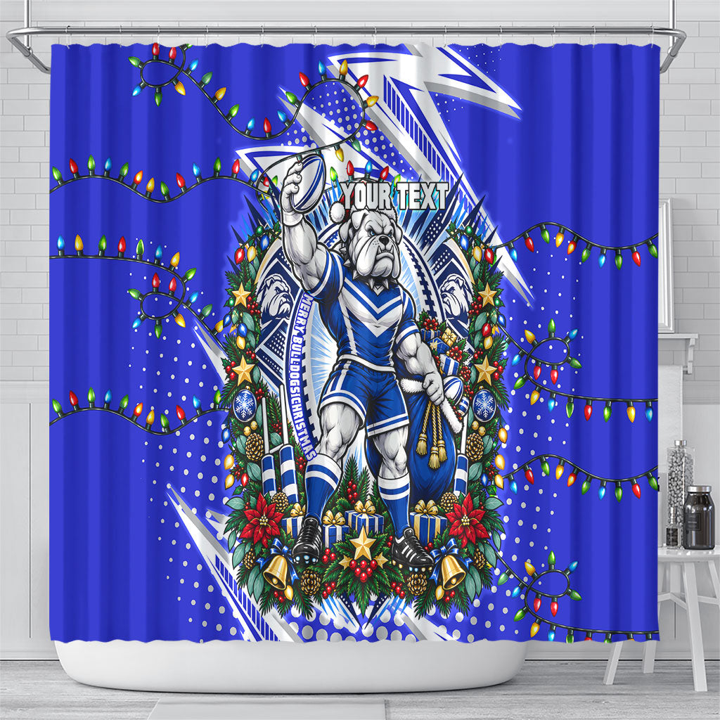Personalized Canterbury Bankstown Bulldogs Rugby Christmas Shower Curtain Holiday Mascot Graphic Art Festive Lights Bow