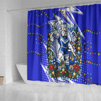 Personalized Canterbury Bankstown Bulldogs Rugby Christmas Shower Curtain Holiday Mascot Graphic Art Festive Lights Bow