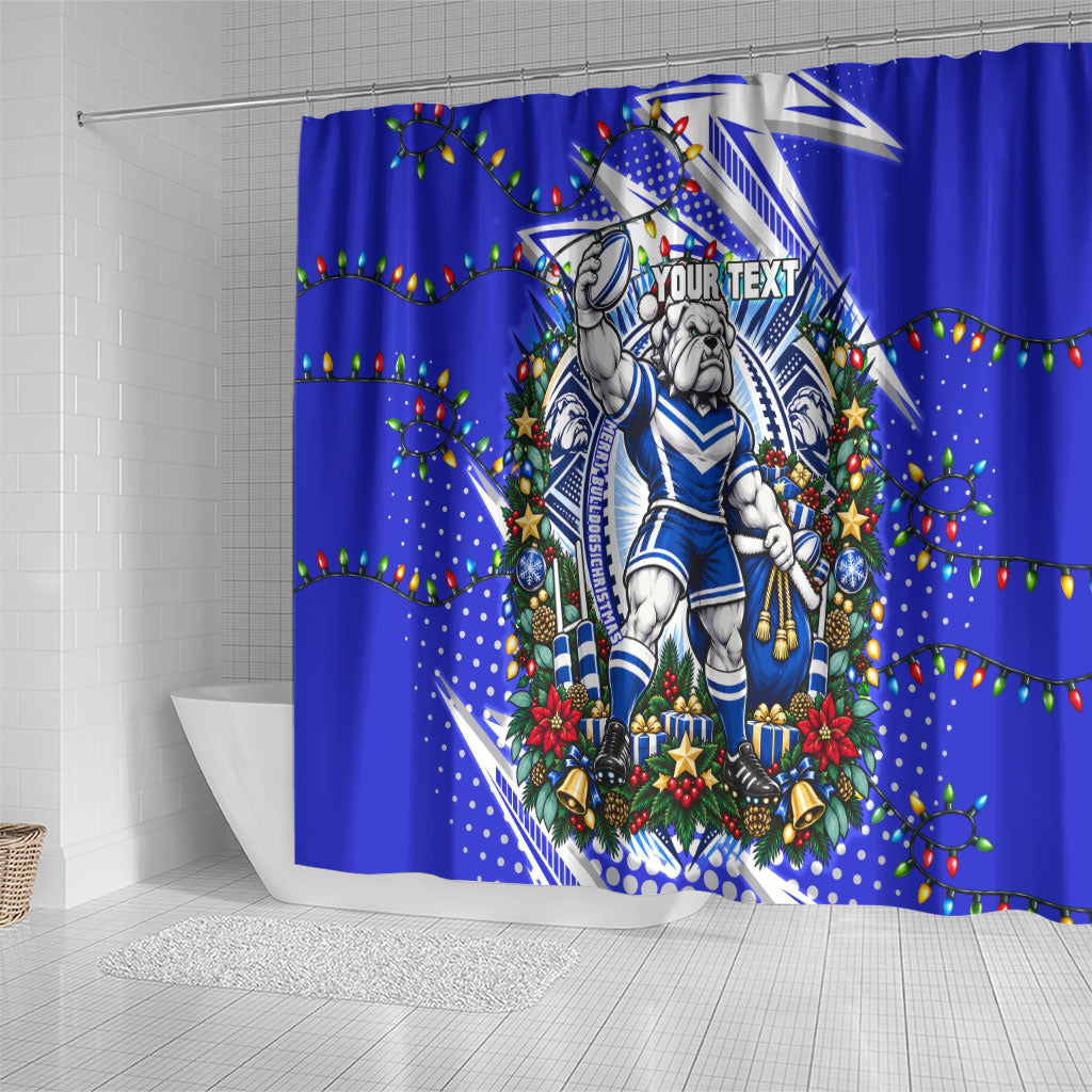 Personalized Canterbury Bankstown Bulldogs Rugby Christmas Shower Curtain Holiday Mascot Graphic Art Festive Lights Bow