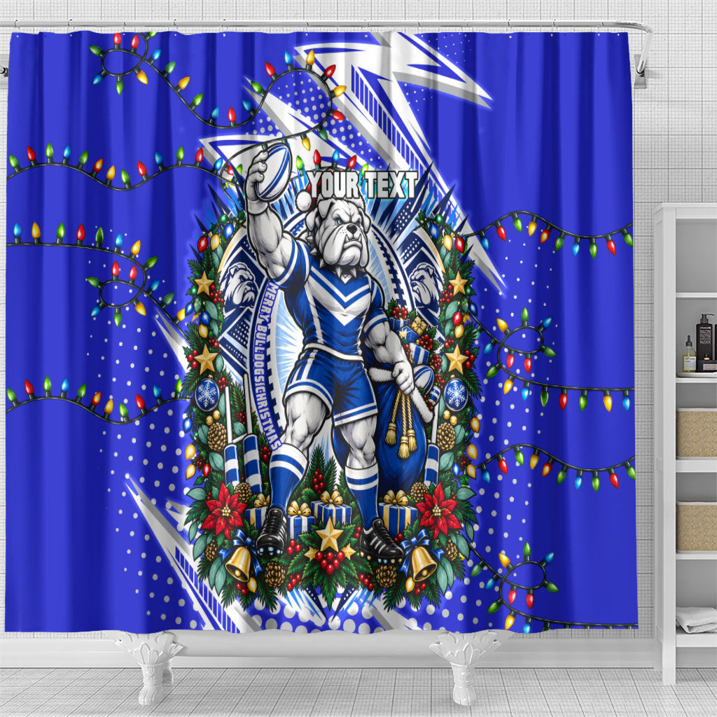 Personalized Canterbury Bankstown Bulldogs Rugby Christmas Shower Curtain Holiday Mascot Graphic Art Festive Lights Bow