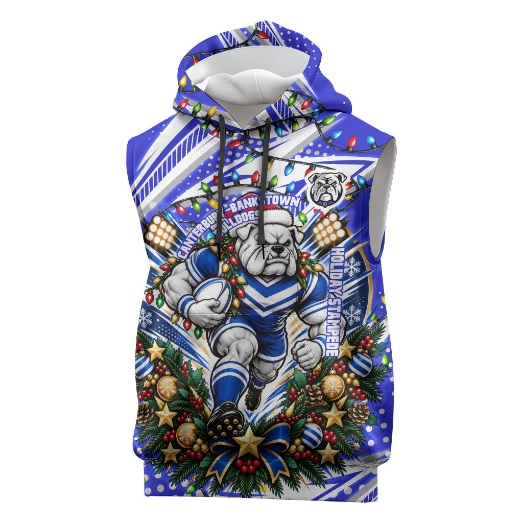Personalized Canterbury Bankstown Bulldogs Rugby Christmas Sleeveless Hoodie Holiday Mascot Graphic Art Festive Lights Bow