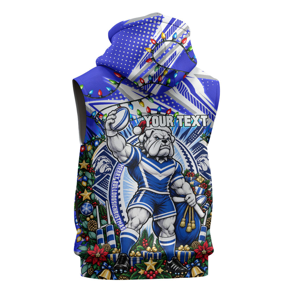 Personalized Canterbury Bankstown Bulldogs Rugby Christmas Sleeveless Hoodie Holiday Mascot Graphic Art Festive Lights Bow