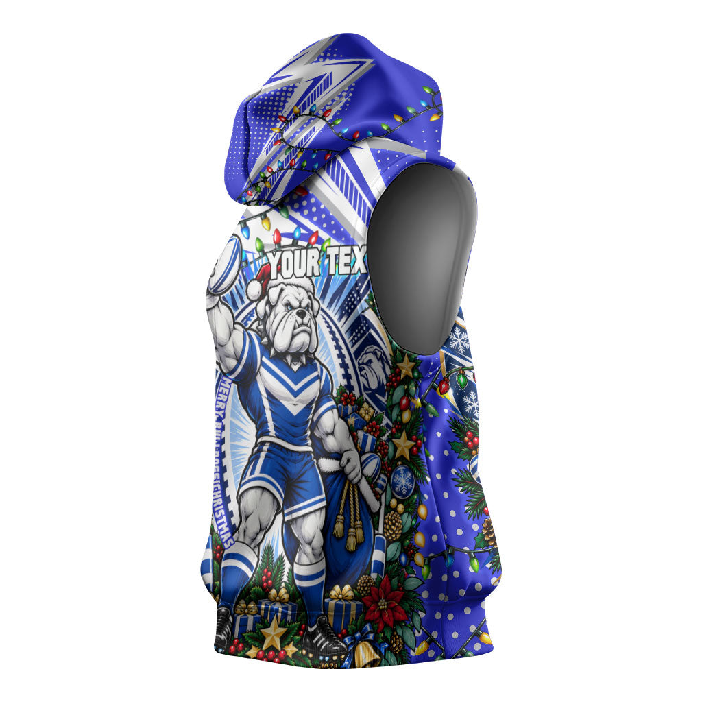 Personalized Canterbury Bankstown Bulldogs Rugby Christmas Sleeveless Hoodie Holiday Mascot Graphic Art Festive Lights Bow