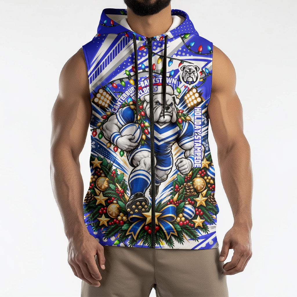 Personalized Canterbury Bankstown Bulldogs Rugby Christmas Sleeveless Zip Hoodie Holiday Mascot Graphic Art Festive Lights Bow