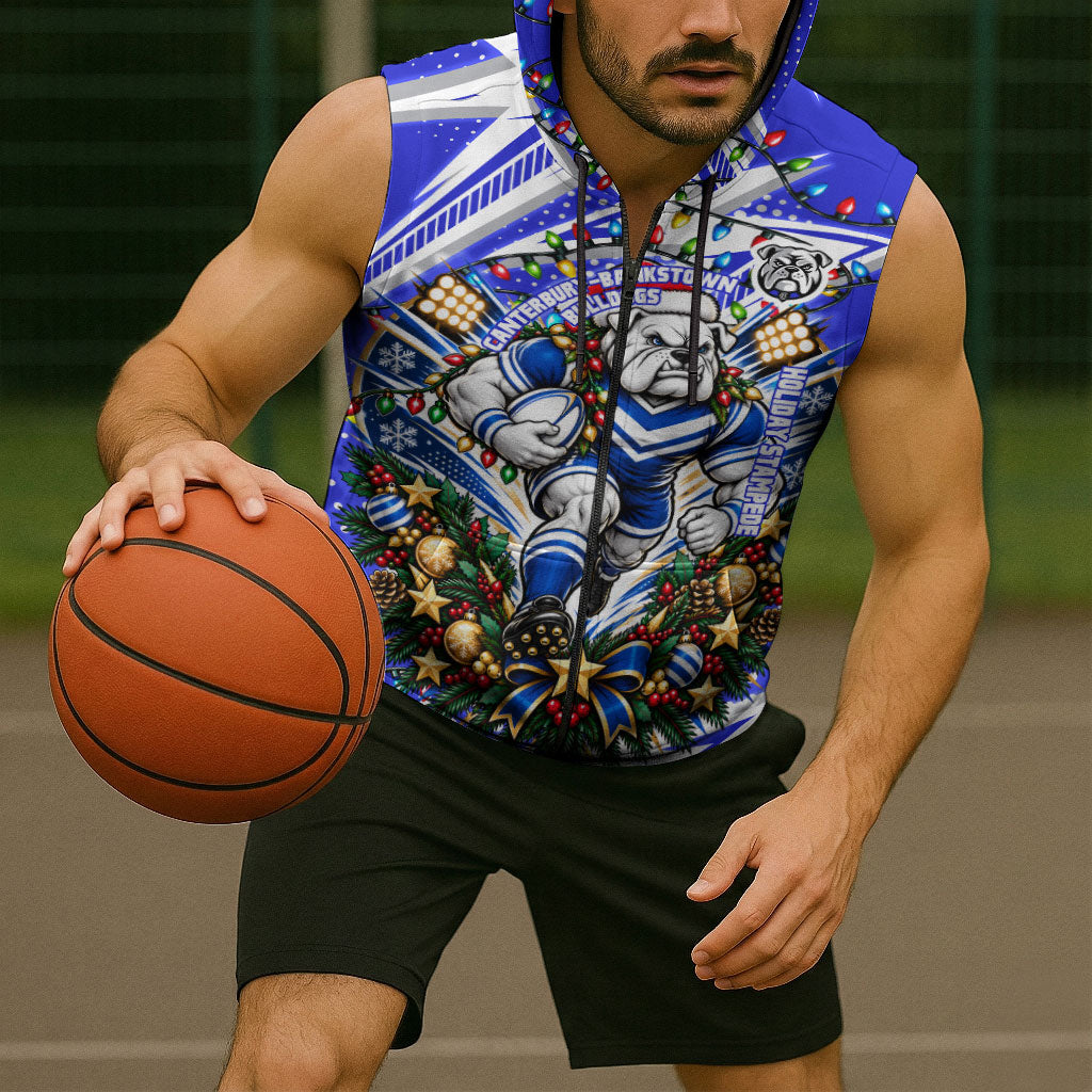 Personalized Canterbury Bankstown Bulldogs Rugby Christmas Sleeveless Zip Hoodie Holiday Mascot Graphic Art Festive Lights Bow