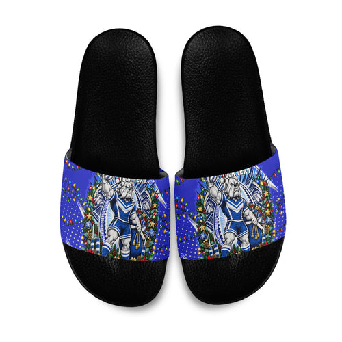Personalized Canterbury Bankstown Bulldogs Rugby Christmas Slide Sandals Holiday Mascot Graphic Art Festive Lights Bow