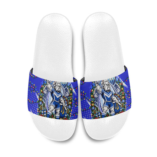 Personalized Canterbury Bankstown Bulldogs Rugby Christmas Slide Sandals Holiday Mascot Graphic Art Festive Lights Bow