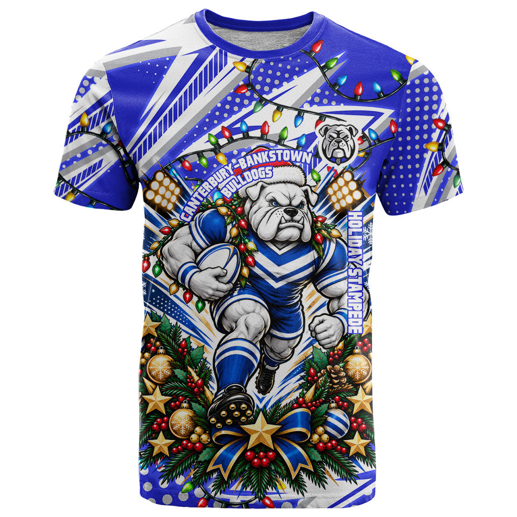 Personalized Canterbury Bankstown Bulldogs Rugby Christmas T Shirt Holiday Mascot Graphic Art Festive Lights Bow
