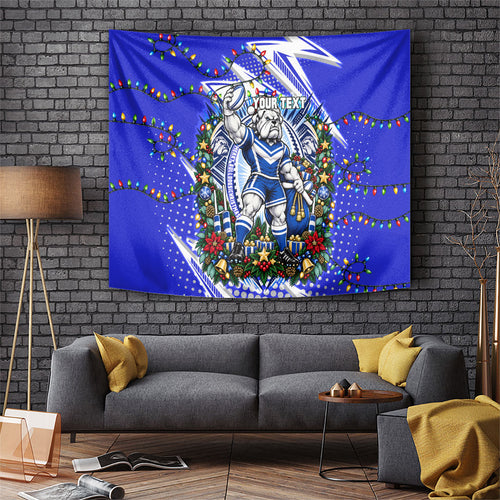 Personalized Canterbury Bankstown Bulldogs Rugby Christmas Tapestry Holiday Mascot Graphic Art Festive Lights Bow