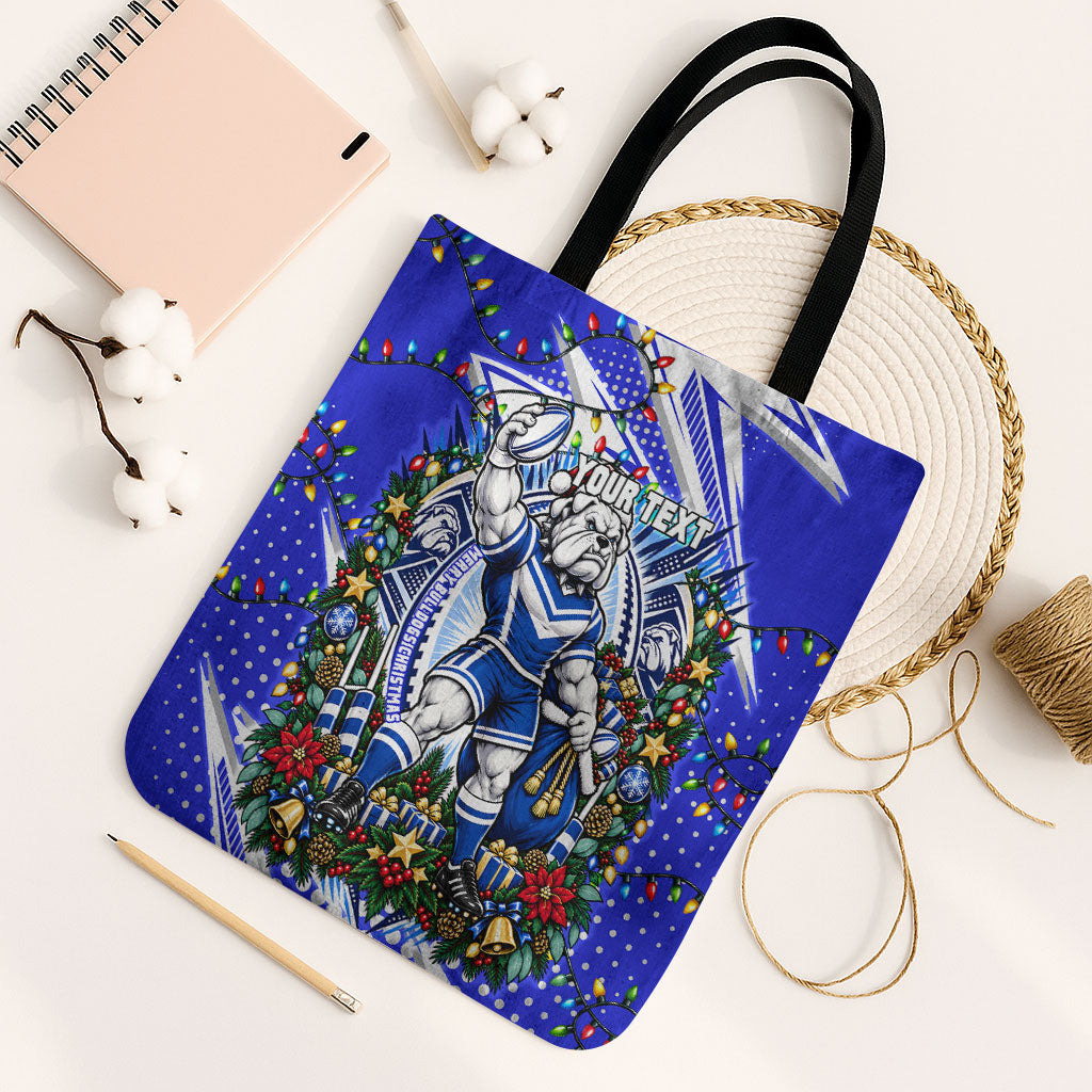 Personalized Canterbury Bankstown Bulldogs Rugby Christmas Tote Bag Holiday Mascot Graphic Art Festive Lights Bow