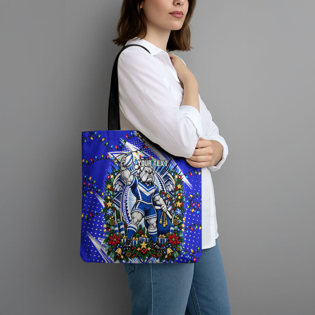 Personalized Canterbury Bankstown Bulldogs Rugby Christmas Tote Bag Holiday Mascot Graphic Art Festive Lights Bow