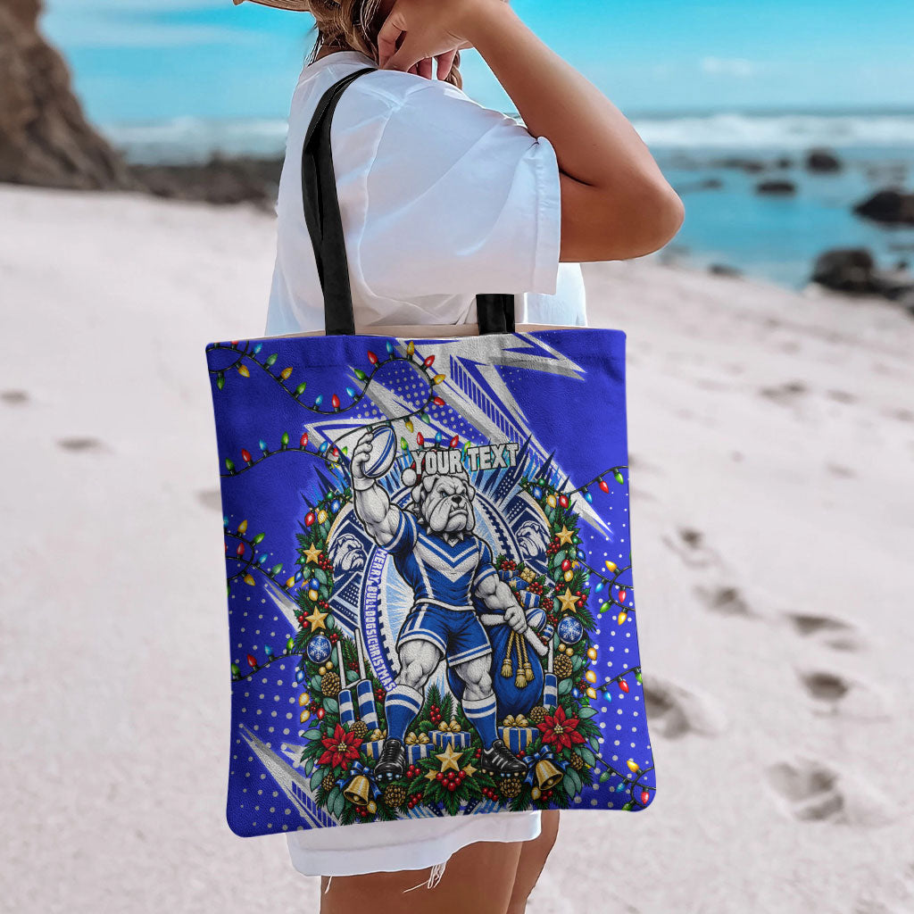Personalized Canterbury Bankstown Bulldogs Rugby Christmas Tote Bag Holiday Mascot Graphic Art Festive Lights Bow