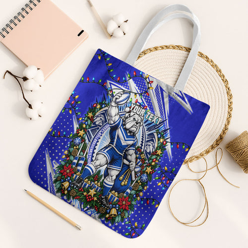 Personalized Canterbury Bankstown Bulldogs Rugby Christmas Tote Bag Holiday Mascot Graphic Art Festive Lights Bow