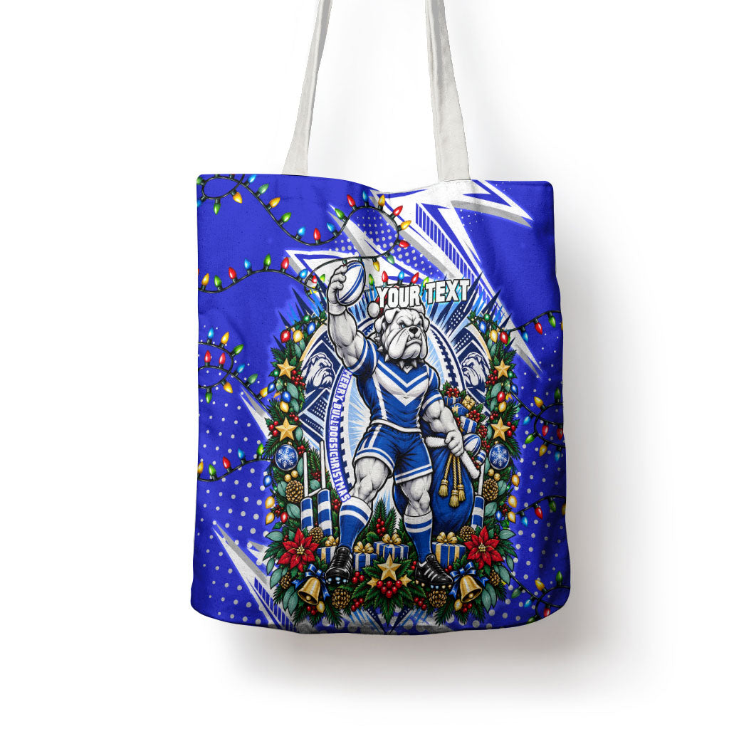 Personalized Canterbury Bankstown Bulldogs Rugby Christmas Tote Bag Holiday Mascot Graphic Art Festive Lights Bow