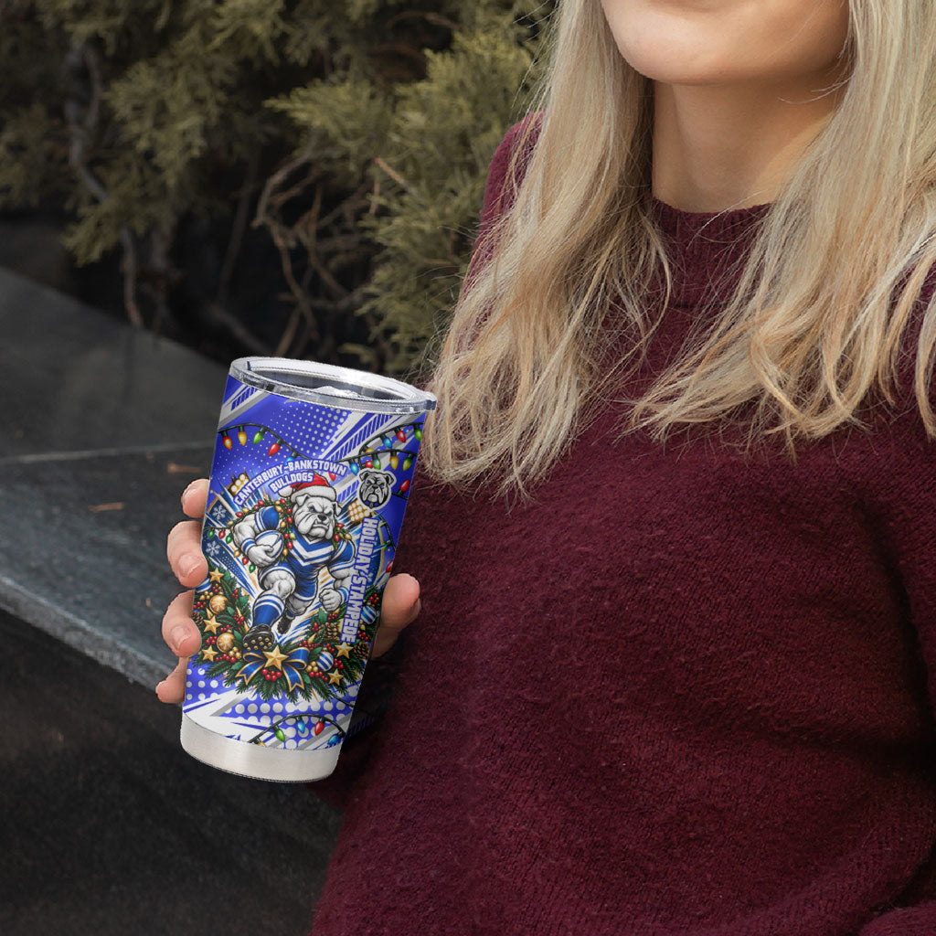 Personalized Canterbury Bankstown Bulldogs Rugby Christmas Tumbler Cup Holiday Mascot Graphic Art Festive Lights Bow