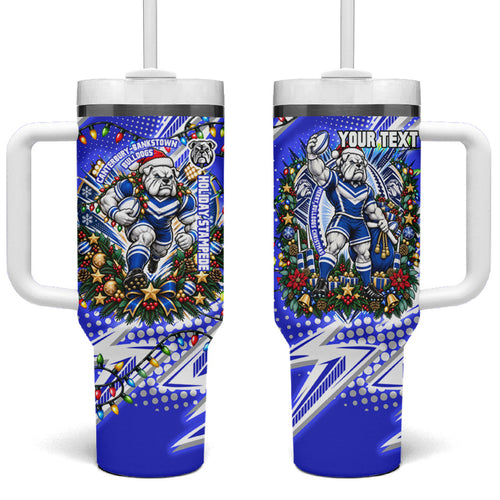Personalized Canterbury Bankstown Bulldogs Rugby Christmas Tumbler With Handle Holiday Mascot Graphic Art Festive Lights Bow