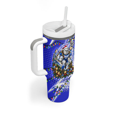 Personalized Canterbury Bankstown Bulldogs Rugby Christmas Tumbler With Handle Holiday Mascot Graphic Art Festive Lights Bow