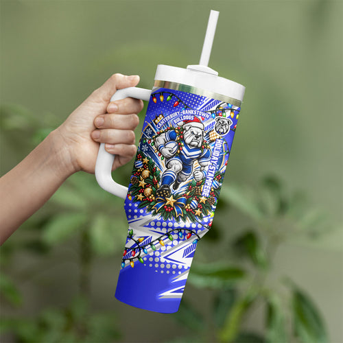 Personalized Canterbury Bankstown Bulldogs Rugby Christmas Tumbler With Handle Holiday Mascot Graphic Art Festive Lights Bow