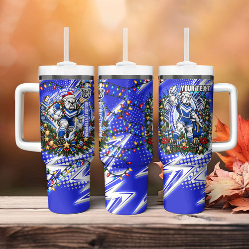 Personalized Canterbury Bankstown Bulldogs Rugby Christmas Tumbler With Handle Holiday Mascot Graphic Art Festive Lights Bow