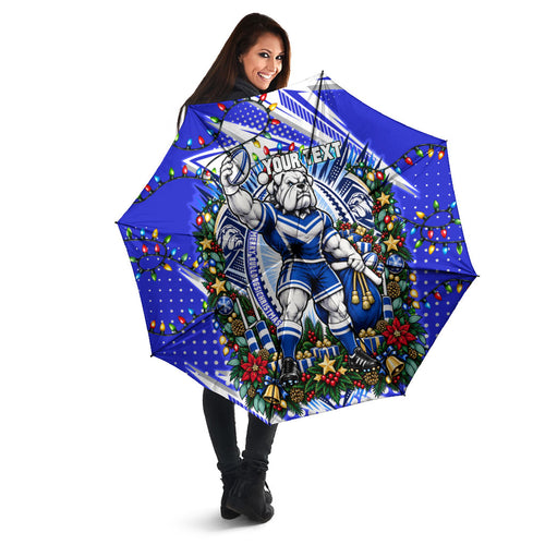 Personalized Canterbury Bankstown Bulldogs Rugby Christmas Umbrella Holiday Mascot Graphic Art Festive Lights Bow