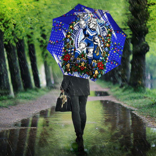 Personalized Canterbury Bankstown Bulldogs Rugby Christmas Umbrella Holiday Mascot Graphic Art Festive Lights Bow