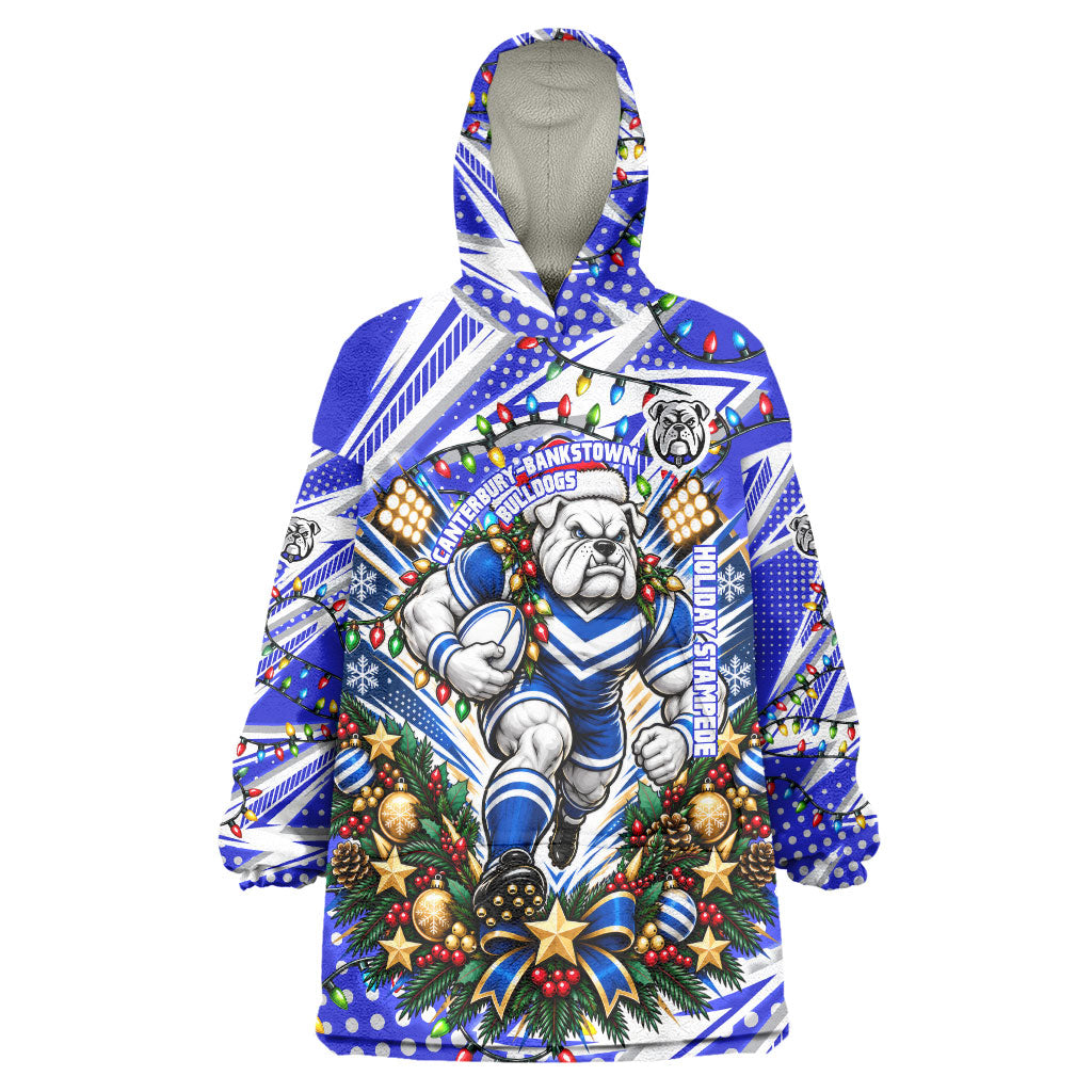 Personalized Canterbury Bankstown Bulldogs Rugby Christmas Wearable Blanket Hoodie Holiday Mascot Graphic Art Festive Lights Bow