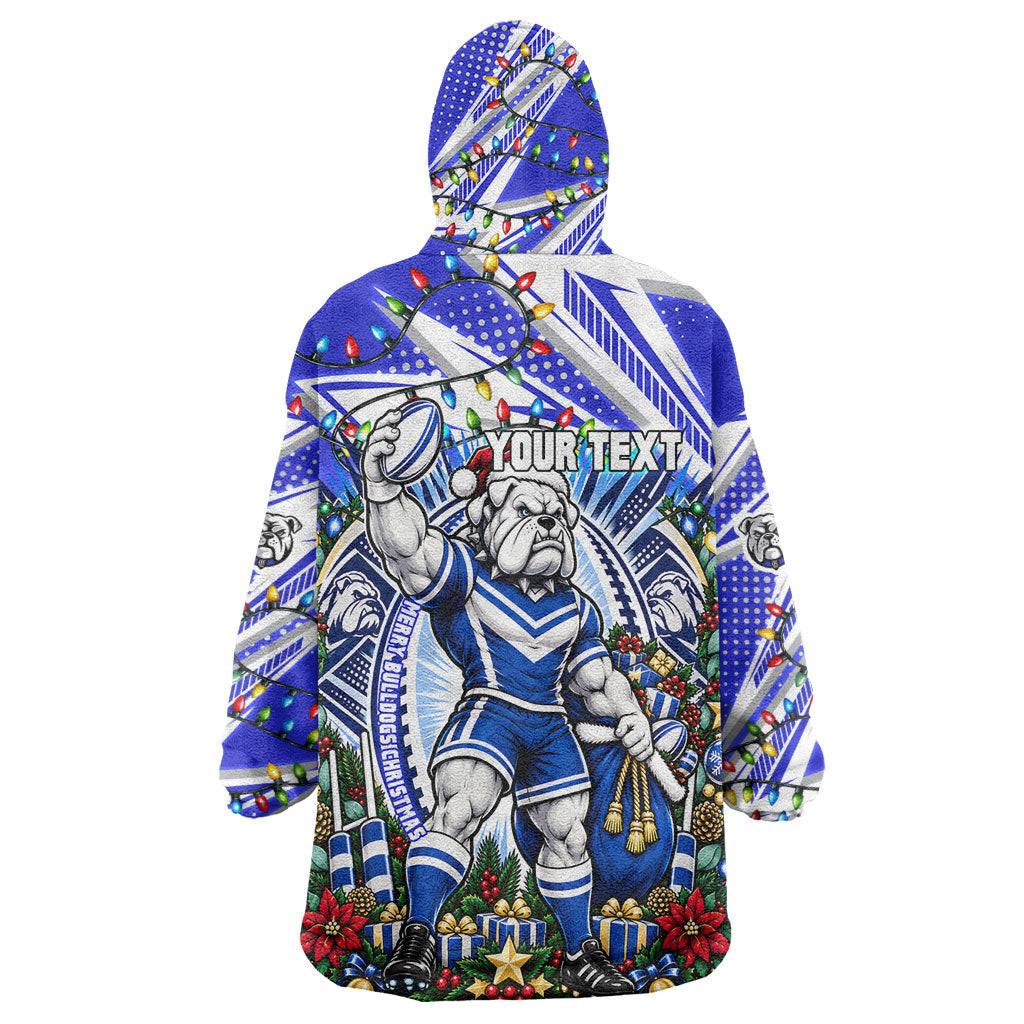 Personalized Canterbury Bankstown Bulldogs Rugby Christmas Wearable Blanket Hoodie Holiday Mascot Graphic Art Festive Lights Bow