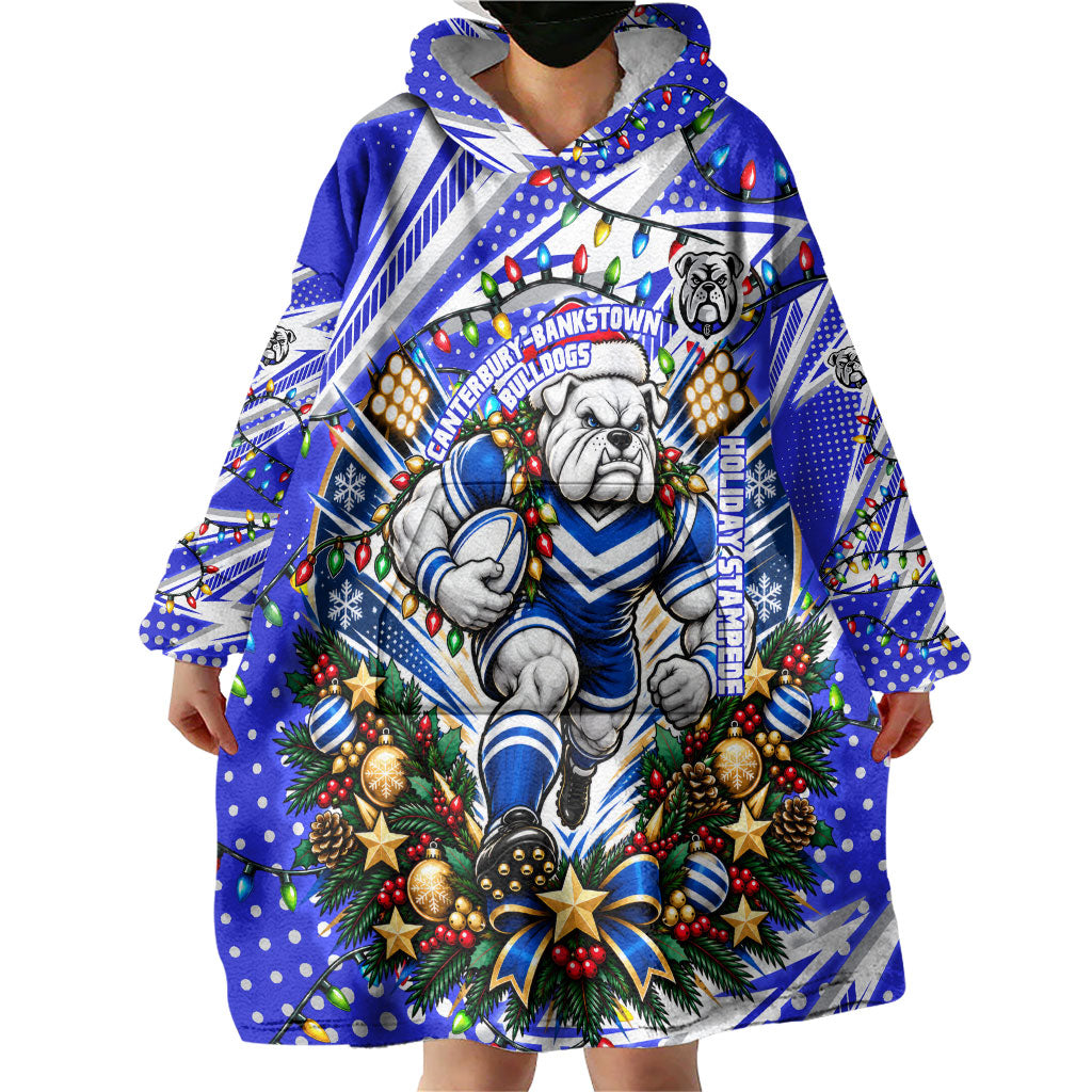 Personalized Canterbury Bankstown Bulldogs Rugby Christmas Wearable Blanket Hoodie Holiday Mascot Graphic Art Festive Lights Bow