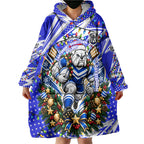 Personalized Canterbury Bankstown Bulldogs Rugby Christmas Wearable Blanket Hoodie Holiday Mascot Graphic Art Festive Lights Bow