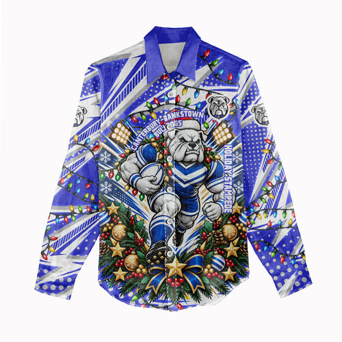 Personalized Canterbury Bankstown Bulldogs Rugby Christmas Women Casual Shirt Holiday Mascot Graphic Art Festive Lights Bow