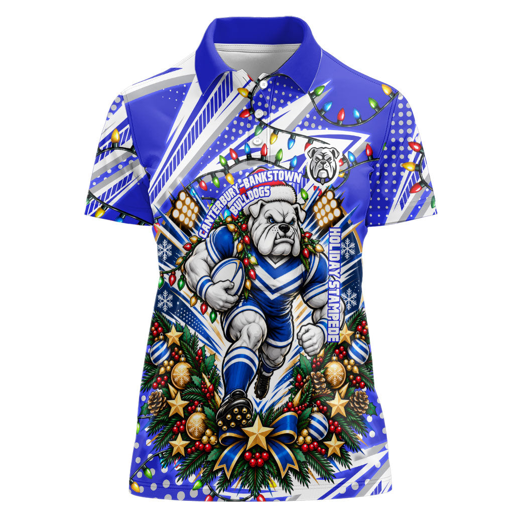 Personalized Canterbury Bankstown Bulldogs Rugby Christmas Women Polo Shirt Holiday Mascot Graphic Art Festive Lights Bow