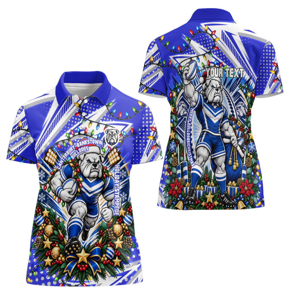 Personalized Canterbury Bankstown Bulldogs Rugby Christmas Women Polo Shirt Holiday Mascot Graphic Art Festive Lights Bow