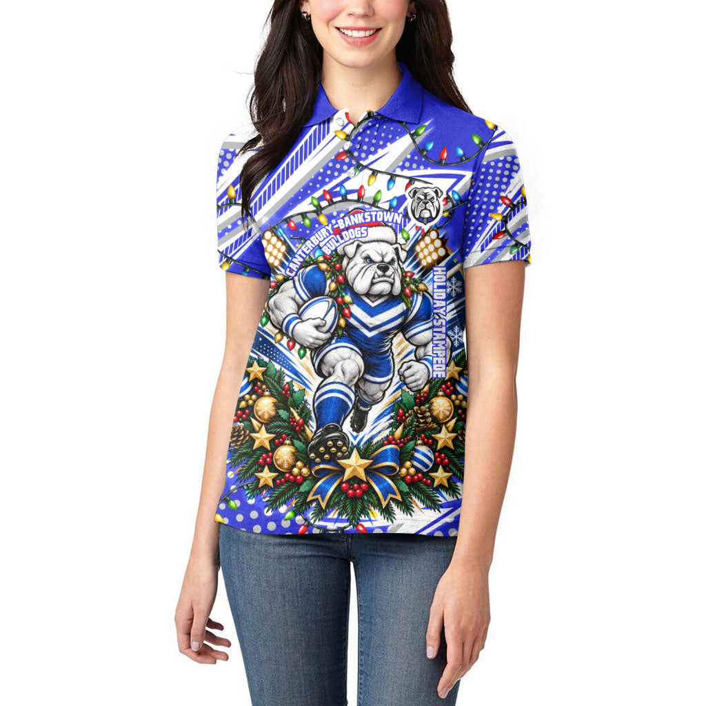 Personalized Canterbury Bankstown Bulldogs Rugby Christmas Women Polo Shirt Holiday Mascot Graphic Art Festive Lights Bow