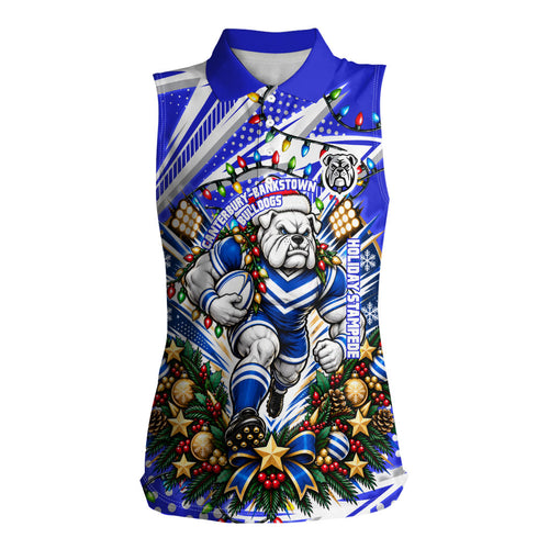 Personalized Canterbury Bankstown Bulldogs Rugby Christmas Women Sleeveless Polo Shirt Holiday Mascot Graphic Art Festive Lights Bow