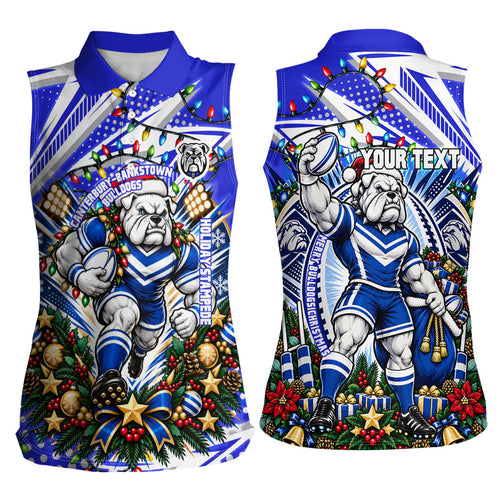 Personalized Canterbury Bankstown Bulldogs Rugby Christmas Women Sleeveless Polo Shirt Holiday Mascot Graphic Art Festive Lights Bow