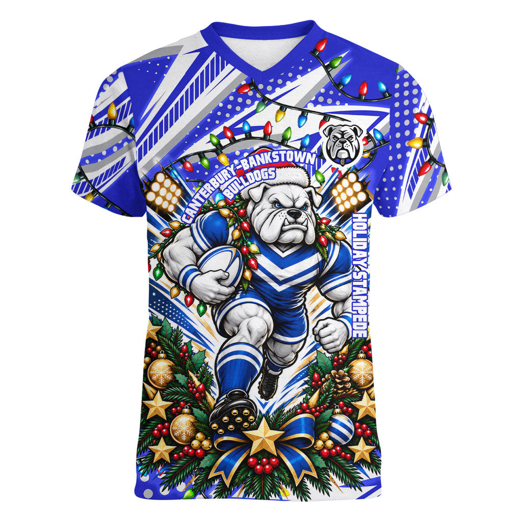 Personalized Canterbury Bankstown Bulldogs Rugby Christmas Women V-Neck T-Shirt Holiday Mascot Graphic Art Festive Lights Bow