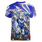 Personalized Canterbury Bankstown Bulldogs Rugby Christmas Women V-Neck T-Shirt Holiday Mascot Graphic Art Festive Lights Bow