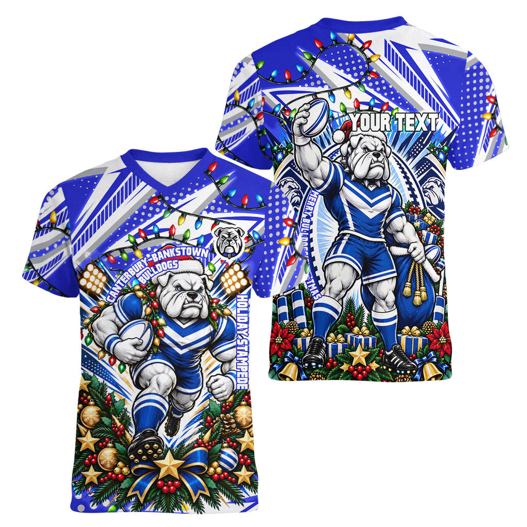 Personalized Canterbury Bankstown Bulldogs Rugby Christmas Women V-Neck T-Shirt Holiday Mascot Graphic Art Festive Lights Bow