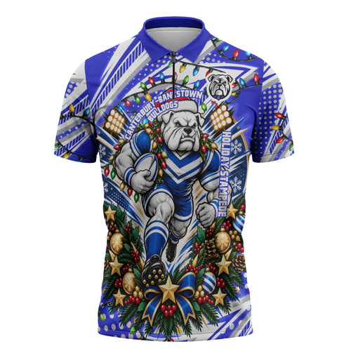 Personalized Canterbury Bankstown Bulldogs Rugby Christmas Zipper Polo Shirt Holiday Mascot Graphic Art Festive Lights Bow