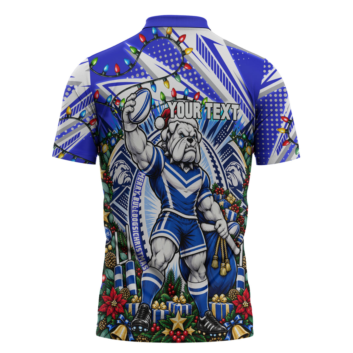 Personalized Canterbury Bankstown Bulldogs Rugby Christmas Zipper Polo Shirt Holiday Mascot Graphic Art Festive Lights Bow