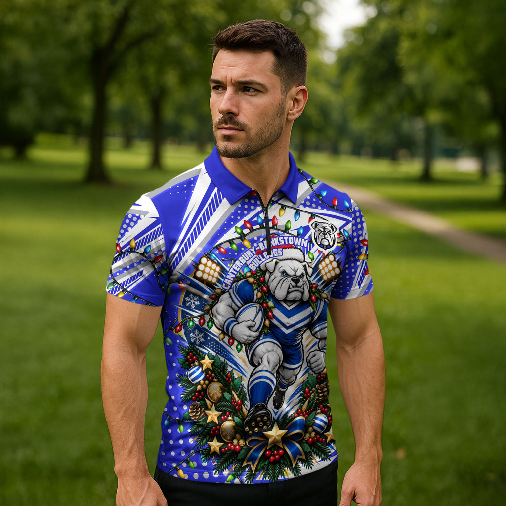 Personalized Canterbury Bankstown Bulldogs Rugby Christmas Zipper Polo Shirt Holiday Mascot Graphic Art Festive Lights Bow