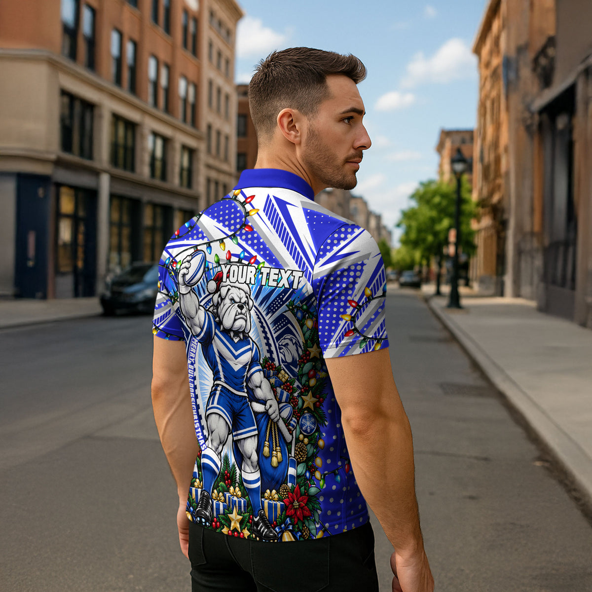 Personalized Canterbury Bankstown Bulldogs Rugby Christmas Zipper Polo Shirt Holiday Mascot Graphic Art Festive Lights Bow