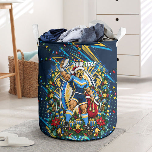 Personalized Gold Coast Titans Rugby Christmas Laundry Basket Holiday Mascot Graphic Art Festive Lights Bow