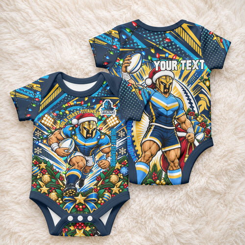 Personalized Gold Coast Titans Rugby Christmas Baby Onesie Holiday Mascot Graphic Art Festive Lights Bow