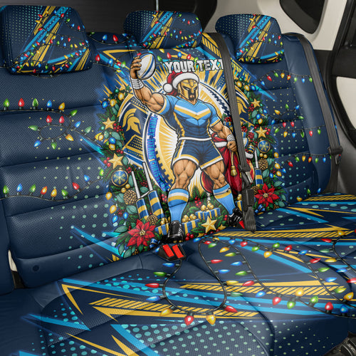 Personalized Gold Coast Titans Rugby Christmas Back Car Seat Cover Holiday Mascot Graphic Art Festive Lights Bow