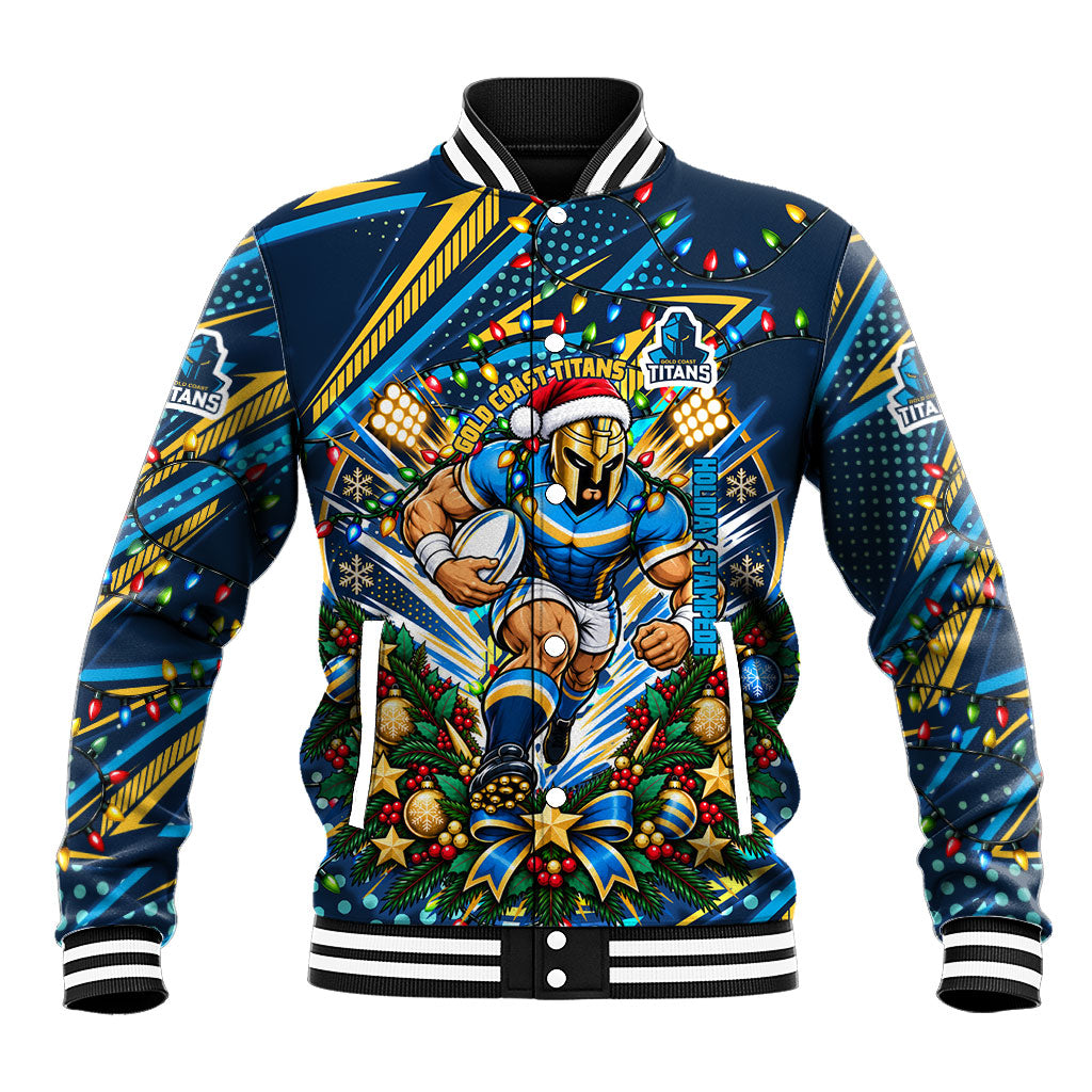 Personalized Gold Coast Titans Rugby Christmas Baseball Jacket Holiday Mascot Graphic Art Festive Lights Bow