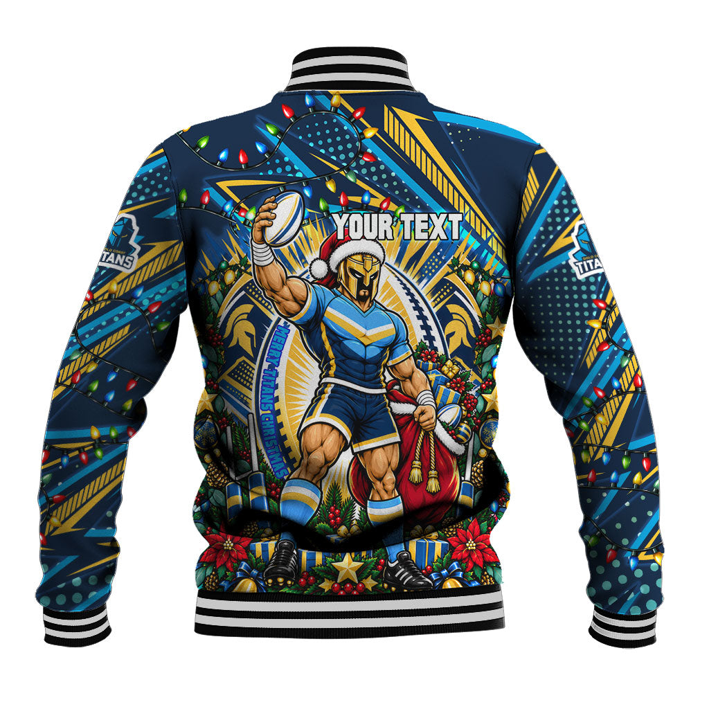 Personalized Gold Coast Titans Rugby Christmas Baseball Jacket Holiday Mascot Graphic Art Festive Lights Bow